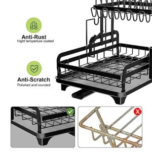 Mr Rabbi Dish Drying Rack, 2-Tier Dish Rack for Kitchen Counter, Dish Drainer Organizer with Utensil Holder, Metal Dish Drying Rack with Drain Board,Black