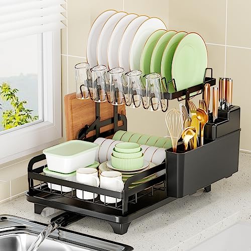 Mr Rabbi Dish Drying Rack, 2-Tier Dish Rack for Kitchen Counter, Dish Drainer Organizer with Utensil Holder, Metal Dish Drying Rack with Drain Board,Black