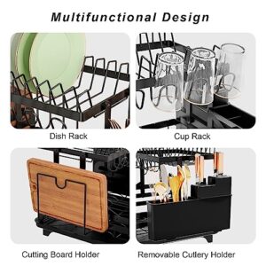 Mr Rabbi Dish Drying Rack, 2-Tier Dish Rack for Kitchen Counter, Dish Drainer Organizer with Utensil Holder, Metal Dish Drying Rack with Drain Board,Black