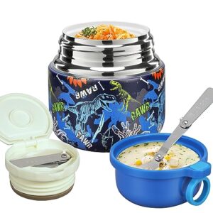 healthlif 10oz kids soup thermos for hot food insulated food jar,ceramic coating thermos hot food lunch container, width mouth stainless steel lunch box with spoon(blue dino)