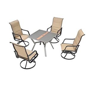 lokatse home 5 pieces patio dining set metal furniture outside swivel chairs and square table, beige