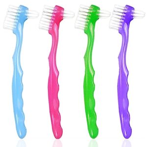 4 pieces denture brush, small toothbrush for dentures, multi-layered bristles ergonomic rubber handle for false teeth cleaning