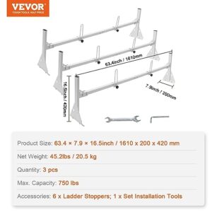 VEVOR Van Roof Ladder Rack, 56.3-61.4" Adjustable Van Racks, 750 lbs Capacity Alloy Steel Roof Racks with Ladder Stoppers, Rain Gutter Racks Compatible with Full-Size Vans, 3 Pcs