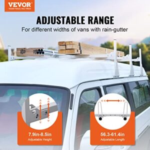 VEVOR Van Roof Ladder Rack, 56.3-61.4" Adjustable Van Racks, 750 lbs Capacity Alloy Steel Roof Racks with Ladder Stoppers, Rain Gutter Racks Compatible with Full-Size Vans, 3 Pcs