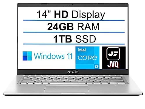 ASUS Newest Vivobook Laptop, 14" HD Display, Intel Core i3-1115G4 Processor, 24GB RAM, 1TB SSD, Intel UHD Graphics 770, Bluetooth, Webcam, Windows 11 Home, Silver, JVQ MP