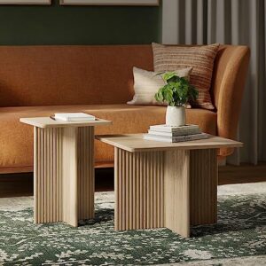 square fluted nesting coffee table - 2 piece square coffee table set - living room furniture - modern home decor - solid oak base (natural oak)