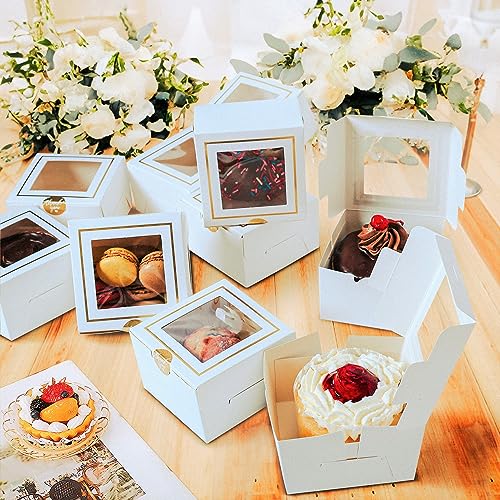 Mint Living 30pcs 4x4x2.5 Inches White Bakery Boxes with Window Small Treat boxes for Cupcakes Cookie boxes Desserts Donuts Pastry, Mini Cake box, Party Favors, Gift Box, Gold Bakery box