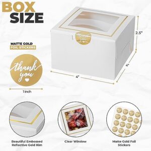 Mint Living 30pcs 4x4x2.5 Inches White Bakery Boxes with Window Small Treat boxes for Cupcakes Cookie boxes Desserts Donuts Pastry, Mini Cake box, Party Favors, Gift Box, Gold Bakery box