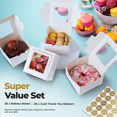 Mint Living 30pcs 4x4x2.5 Inches White Bakery Boxes with Window Small Treat boxes for Cupcakes Cookie boxes Desserts Donuts Pastry, Mini Cake box, Party Favors, Gift Box, Gold Bakery box