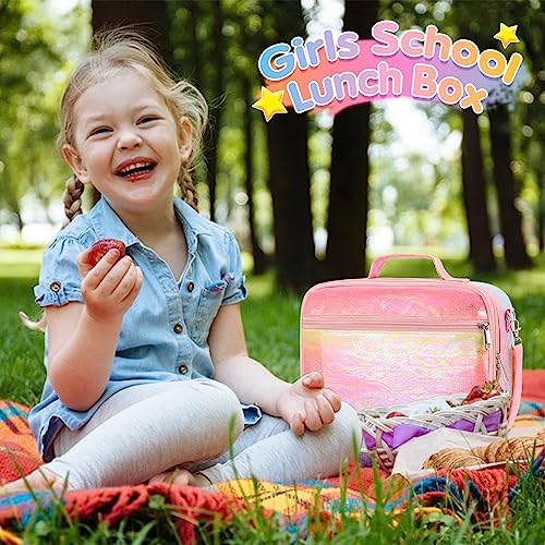 Kids Lunch Box Insulated Lunch Bag Box for Girls 3-12 Lunch Box School Supplies Reusable Lunch Box for Girls Back to School Leakproof Cooler Lunch Tote Bag with Adjustable Shoulder Strap