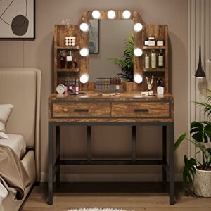 mu vanity desk with mirror & lights, makeup vanity table with 9 led lights 2 drawers and 4 storage shelves, vintage vanity set makeup table for bedroom, rustic brown