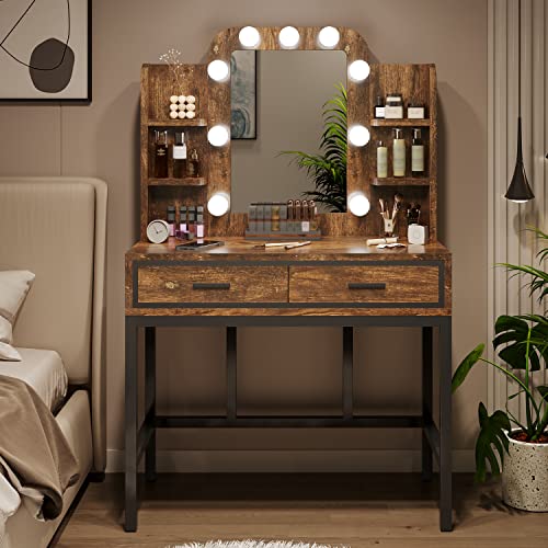 Mu Vanity Desk with Mirror & Lights, Makeup Vanity Table with 9 LED Lights 2 Drawers and 4 Storage Shelves, Vintage Vanity Set Makeup Table for Bedroom, Rustic Brown