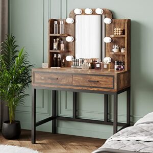 Mu Vanity Desk with Mirror & Lights, Makeup Vanity Table with 9 LED Lights 2 Drawers and 4 Storage Shelves, Vintage Vanity Set Makeup Table for Bedroom, Rustic Brown