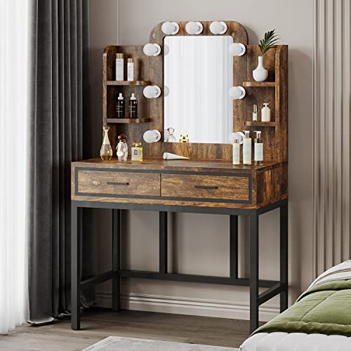 Mu Vanity Desk with Mirror & Lights, Makeup Vanity Table with 9 LED Lights 2 Drawers and 4 Storage Shelves, Vintage Vanity Set Makeup Table for Bedroom, Rustic Brown