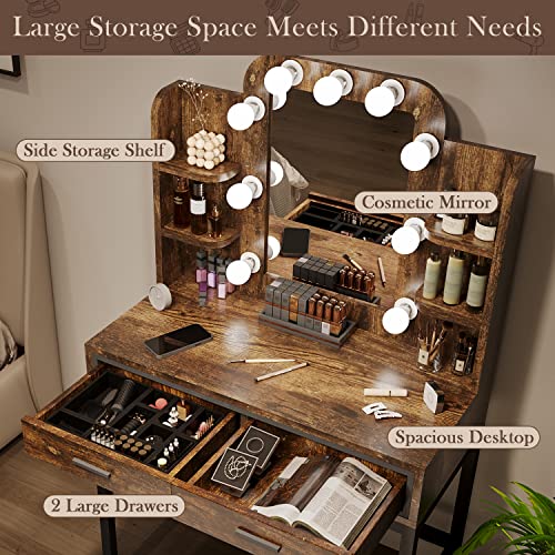 Mu Vanity Desk with Mirror & Lights, Makeup Vanity Table with 9 LED Lights 2 Drawers and 4 Storage Shelves, Vintage Vanity Set Makeup Table for Bedroom, Rustic Brown