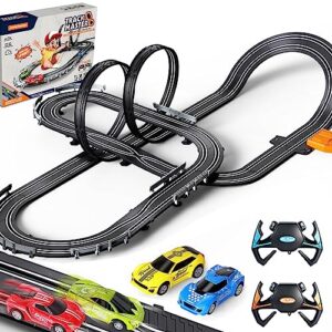 slot car race track sets for boys kids,battery or electric race car track with 4 high-speed slot cars and 2 hand controllers,dual racing game lap counter circular overpass track toys age 6 7 8-12