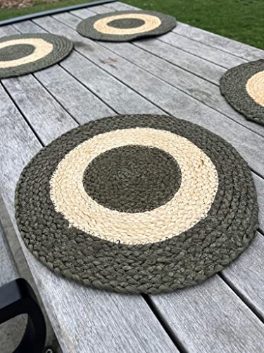 Premium Jute Placemats Set - Golden Fiber Collection | 100% Natural and Eco-Friendly | Soft & Durable | Round 13" x 13" | Dining Room Table Mat in Green and Natural Jute Color (Set of 6)