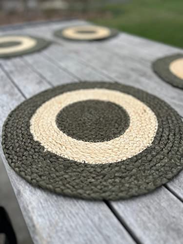 Premium Jute Placemats Set - Golden Fiber Collection | 100% Natural and Eco-Friendly | Soft & Durable | Round 13" x 13" | Dining Room Table Mat in Green and Natural Jute Color (Set of 6)