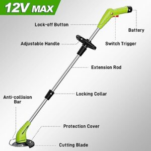 Cordless Lawn Trimmer Weed Wacker - GardenJoy 12V Grass Trimmer Lawn Edger with 2.0Ah Li-Ion Battery Powered and 3 Types Cutting Blade, Electric Weed Trimmer Tool for Lawn Care and Garden Yard Work