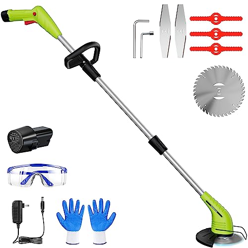 Cordless Lawn Trimmer Weed Wacker - GardenJoy 12V Grass Trimmer Lawn Edger with 2.0Ah Li-Ion Battery Powered and 3 Types Cutting Blade, Electric Weed Trimmer Tool for Lawn Care and Garden Yard Work