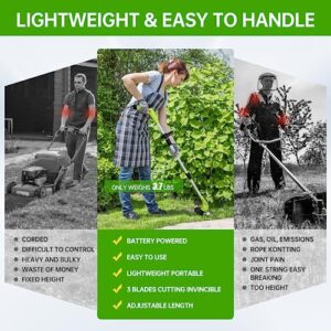 Cordless Lawn Trimmer Weed Wacker - GardenJoy 12V Grass Trimmer Lawn Edger with 2.0Ah Li-Ion Battery Powered and 3 Types Cutting Blade, Electric Weed Trimmer Tool for Lawn Care and Garden Yard Work