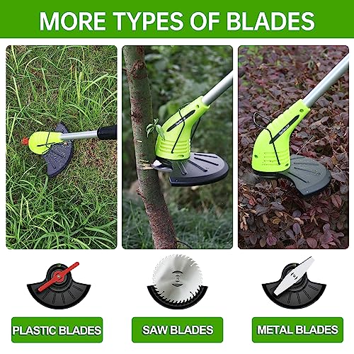 Cordless Lawn Trimmer Weed Wacker - GardenJoy 12V Grass Trimmer Lawn Edger with 2.0Ah Li-Ion Battery Powered and 3 Types Cutting Blade, Electric Weed Trimmer Tool for Lawn Care and Garden Yard Work