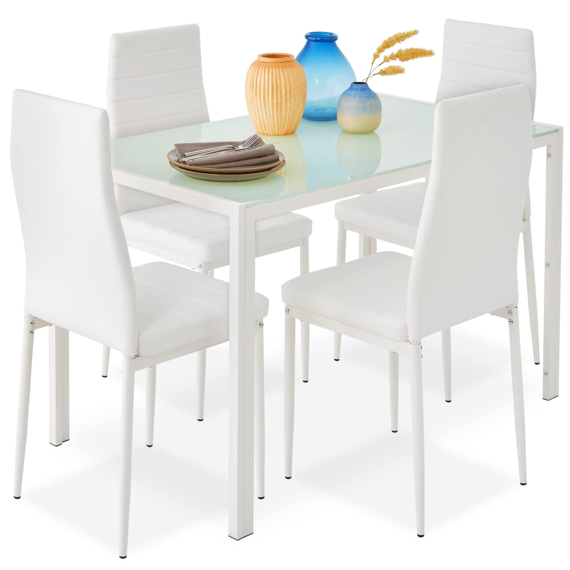 Best Choice Products 5-Piece Kitchen Dining Table Set for Dining Room, Kitchen, Dinette, Compact Space w/Glass Tabletop, 4 Faux Leather Metal Frame Chairs - White