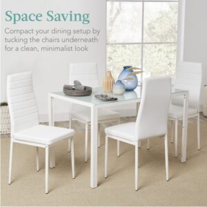 Best Choice Products 5-Piece Kitchen Dining Table Set for Dining Room, Kitchen, Dinette, Compact Space w/Glass Tabletop, 4 Faux Leather Metal Frame Chairs - White