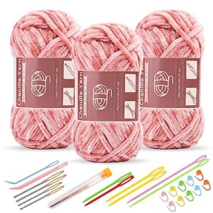 lunarm 3 * 100g chenille yarn, yarn for crocheting knitting with big eye needles, handcrafts weaving soft chenille yarn for making blankets, clothes, pattern knitting creations (peach pink)