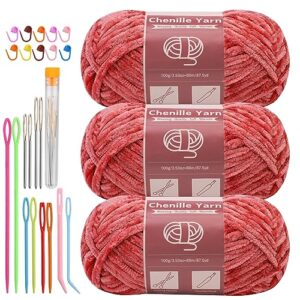 lunarm 3 * 100g chenille yarn, yarn for crocheting knitting with big eye needles, handcrafts weaving soft chenille yarn for making blankets, clothes, pattern knitting creations (wine color)