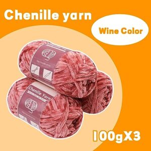 LUNARM 3 * 100g Chenille Yarn, Yarn for Crocheting Knitting with Big Eye Needles, Handcrafts Weaving Soft Chenille Yarn for Making Blankets, Clothes, Pattern Knitting Creations (Wine Color)