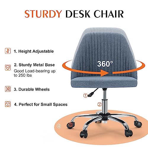 Armless Office Chair Cute Desk Chair, Modern Fabric Home Office Desk Chairs with Wheels Adjustable Swivel Task Computer Vanity Chair for Small Spaces