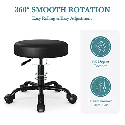 HOOMIC Rolling Stool Swivel Salon Shop Stool Chair Adjustable Drafting Stool Massage Spa Stool with PU Leather Cushioned in Black…