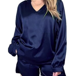 Ekouaer Womens Satin Silk Pajamas Set Comfortable V Neck Long Sleeve Shorts Sleepwear Set Pjs Loungewear Navy Medium