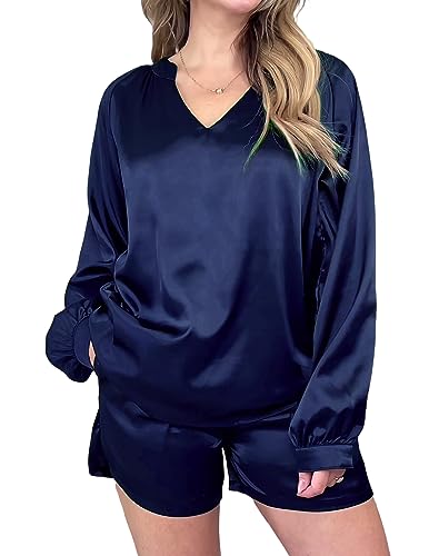 Ekouaer Womens Satin Silk Pajamas Set Comfortable V Neck Long Sleeve Shorts Sleepwear Set Pjs Loungewear Navy Medium