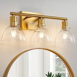 ccycol gold bathroom light fixtures - 3-light modern bathroom vanity light over mirror with clear glass shade, 22.4 inch bath wall sconce lighting brushed gold vanity lights for bathroom, dressing