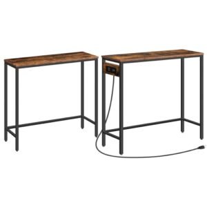 hoobro 2 pack narrow console table with outlets, 29.5" small entryway table, thin sofa table, side table, display table, for hallway, bedroom, living room, foyer, rustic brown and black
