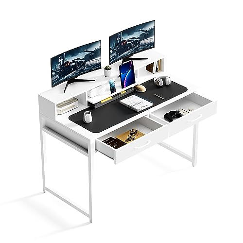 VEELOK Computer Desk with Drawers, 47" Home Office Desk with Monitor Shelf, Writing Desk with Storage, Gaming Desk Work Desk Study Desk for Bedroom, White