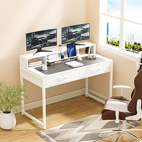 VEELOK Computer Desk with Drawers, 47" Home Office Desk with Monitor Shelf, Writing Desk with Storage, Gaming Desk Work Desk Study Desk for Bedroom, White