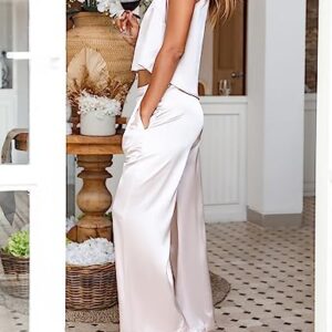 Ekouaer Silk Pajama set for Women Satin Pj Set Crop Top and Long Pant Lounge Set Two Piece Sleep Set Champagne M