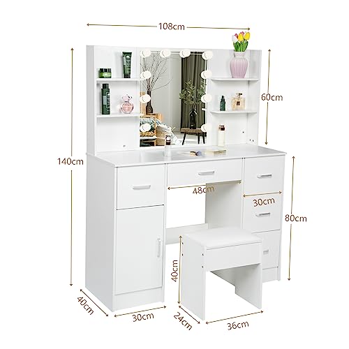 Dradaomull Large Makeup Vanity Desk with Lights, 3 Lighting Colors, 42.9''L Vanity Set Makeup Table with 5 Drawers, 6 Open Storage Shelves and cabinets for Women Girls Bedroom White