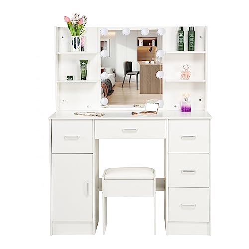 Dradaomull Large Makeup Vanity Desk with Lights, 3 Lighting Colors, 42.9''L Vanity Set Makeup Table with 5 Drawers, 6 Open Storage Shelves and cabinets for Women Girls Bedroom White