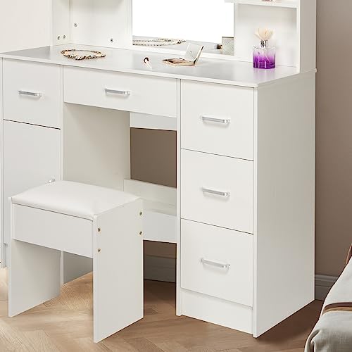 Dradaomull Large Makeup Vanity Desk with Lights, 3 Lighting Colors, 42.9''L Vanity Set Makeup Table with 5 Drawers, 6 Open Storage Shelves and cabinets for Women Girls Bedroom White