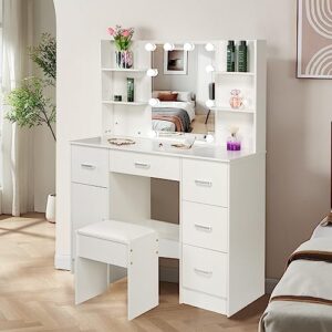 Dradaomull Large Makeup Vanity Desk with Lights, 3 Lighting Colors, 42.9''L Vanity Set Makeup Table with 5 Drawers, 6 Open Storage Shelves and cabinets for Women Girls Bedroom White