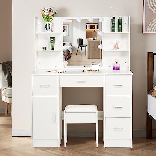 Dradaomull Large Makeup Vanity Desk with Lights, 3 Lighting Colors, 42.9''L Vanity Set Makeup Table with 5 Drawers, 6 Open Storage Shelves and cabinets for Women Girls Bedroom White