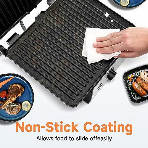 SUSTEAS 3-in-1 Electric Indoor Grill - Panini Press with Non-Stick Cooking Plates, Opens 180-Degree Gourmet Sandwich Maker, Floating Hinge Fits All Foods, Panini Press Grill with Grease Tray