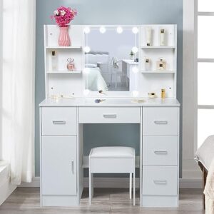 abesthink large vanity,makeup vanity table with lights and mirror, white vanity set makeup table with 5 drawers, 1 cabinets and multiple shelves and stool for bedroom girls women