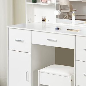 Abesthink Large Vanity,Makeup Vanity Table with Lights and Mirror, White Vanity Set Makeup Table with 5 Drawers, 1 Cabinets and Multiple Shelves and Stool for Bedroom Girls Women