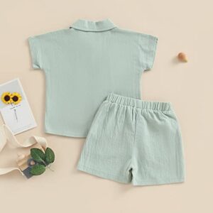 Toddler Baby Boys 2Pcs Linen Short Sleeve Outfits Set Color Block Button Down T-Shirt Elastic Shorts with Pockets (Light Green, 12-18 Months)