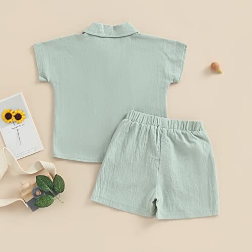 Toddler Baby Boys 2Pcs Linen Short Sleeve Outfits Set Color Block Button Down T-Shirt Elastic Shorts with Pockets (Light Green, 12-18 Months)